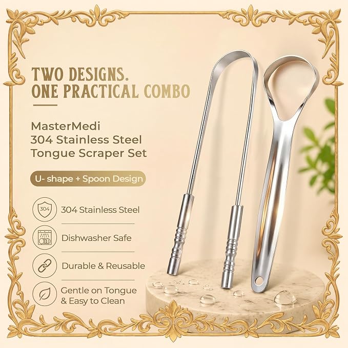 MasterMedi Tongue Scraper with Multicolor Cases (2 Pack), 100% Stainless Steel, Reduce Bad Breath, Easy to Use Tongue Scraper for Adults, Tongue Cleaner for Oral Care & Hygiene