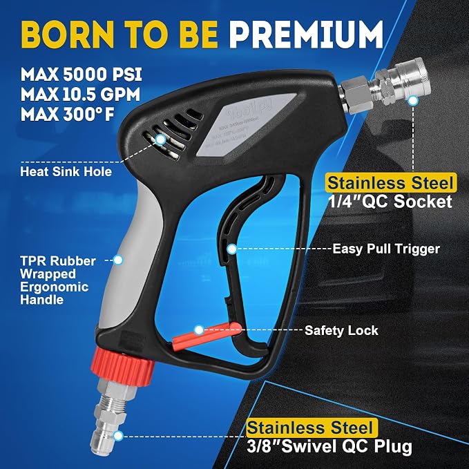 TOOLCY Pro Short Pressure Washer Gun Stainless Steel 3/8" Swivel Fitting | 5000 PSI 1/4" Quick Connect Outlet M22-14mm Male Thread Adapter with 5 Nozzle Tips For Foam Cannon
