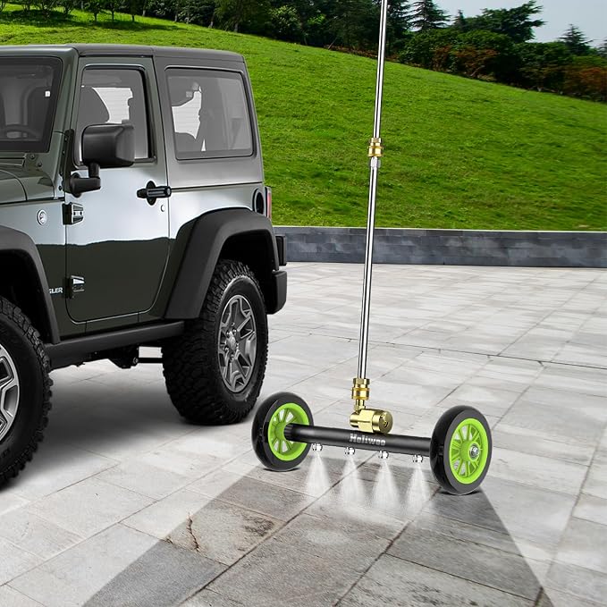 Undercarriage Pressure Washer Attachment 16 inch, Water Broom 4000 PSI | Heliwoo Dual Function Power Washer Surface Cleaner with 4 Nozzles & 3pcs 1/4’’ QC Extension Wand for Chassis Driveway Yard