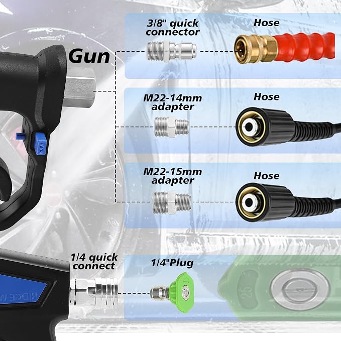RIDGE WASHER Pressure Washer Gun Swivel, 5000 PSI, 12 GPM | Power Washer Gun with 1/4" Quick Connector, 360° 3/8 NPT Thread, M22-14mm Fitting, M22-15mm Fitting