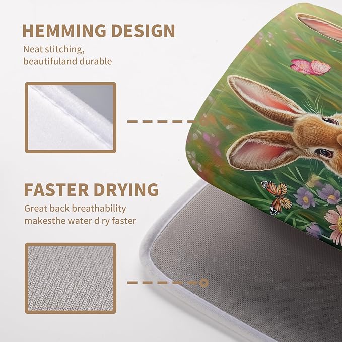 Easter Bunny Eggs Dish Drying Mat for Kitchen Counter 18x24 Inch Spring Easter Rabbit Flowers Large Drying Mat Microfiber Dish Drainer Rack Mats Absorbent Reversible Dishes Pad Dish Dryer Mat