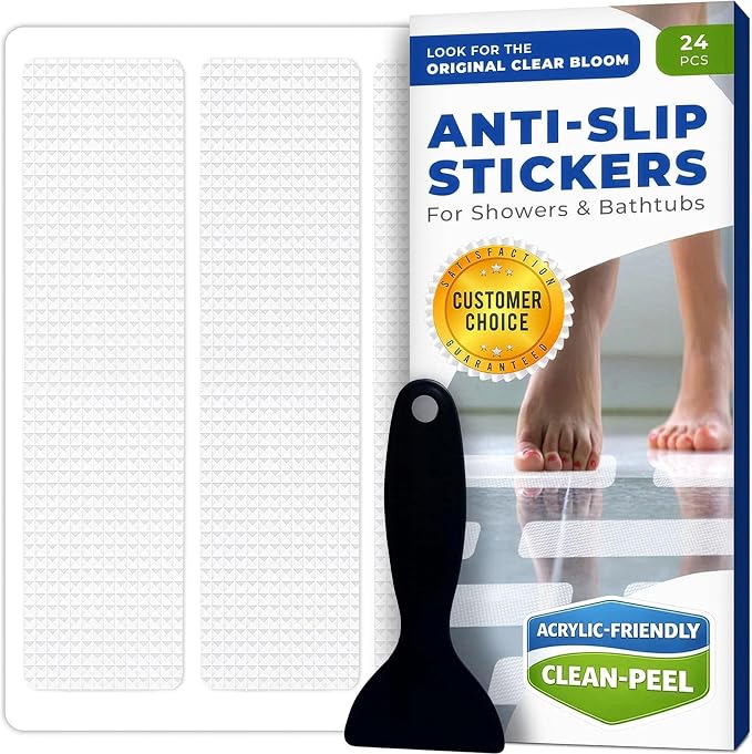 Clear Bloom Anti Slip Shower Stickers 24 PCS, White Non-Slip Shower Strips for Adults, Premium Adhesive Bath Tub Stickers | Micro-pyramid grip technology for slip-free traction