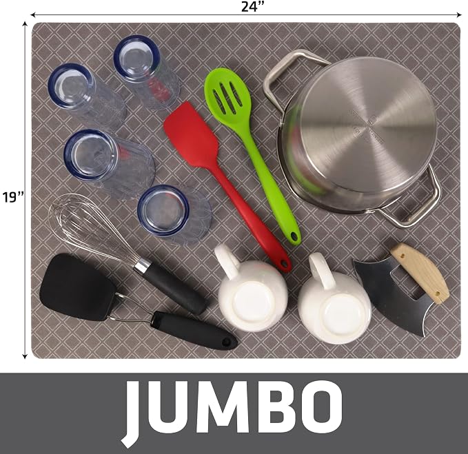 Drymate Jumbo XL Dish Drying Mat (19”x24”), Low-Profile, Super Absorbent, Quick Dry Fabric, Waterproof & Slip-Resistant, for Kitchen Counter, Trimmable, Easy to Clean (USA Made)(Taupe)