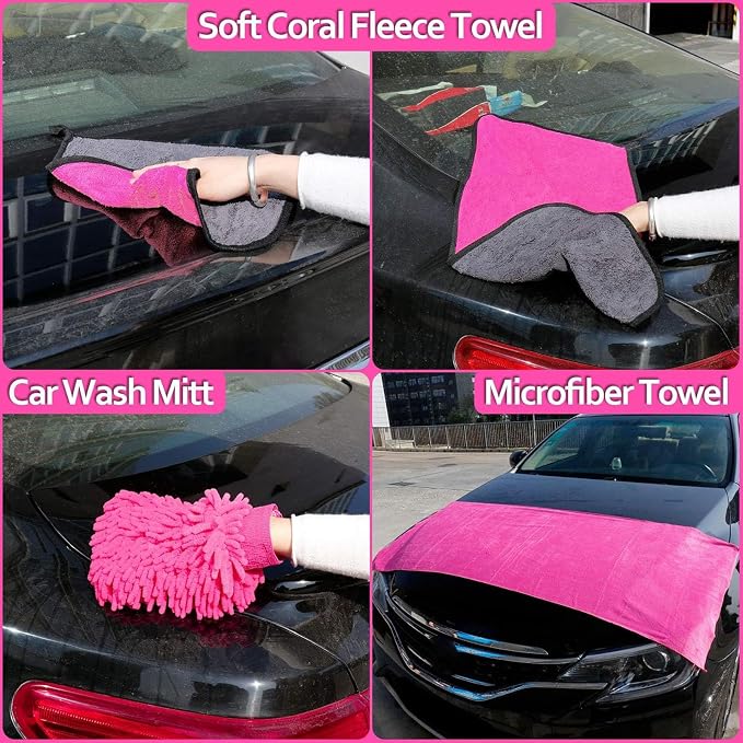 THINKWORK Car Detailing Kit, Interior Exterior Cleaning Set for Vehicles | Soft Microfiber, Lint-Free, Scratch-Proof, 17 Pcs Complete Set, Pink Styling, Perfect Women Gift, Portable Bag
