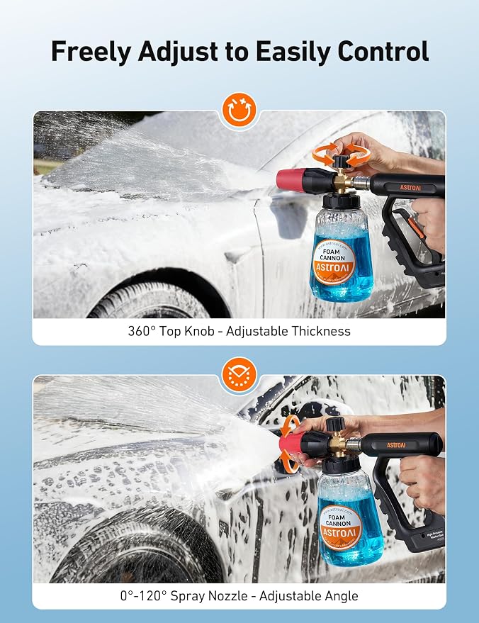AstroAI Foam Cannon for Pressure Washer with 1/4" Quick Connect Plug, 1 L | Thick Foam, Car Wash, Heavy Duty Snow Clear Bottle, Wide Neck, Adjustable, Quick Connect, for Various Cleaning Tasks, Brass