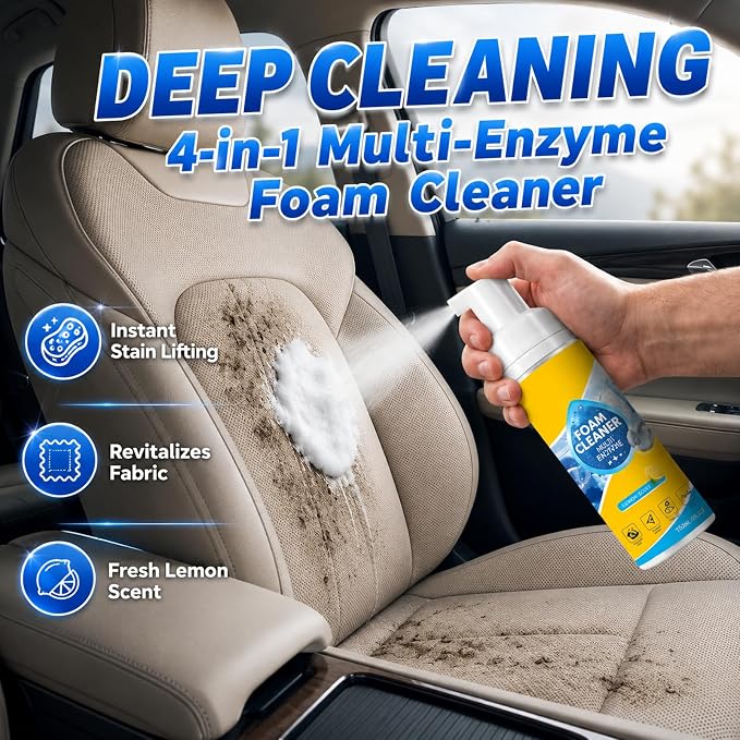2PCS 4-in-1 Multi-Enzyme Foam Cleaner, Multi Purpose Foam No-Rinse Cleaner 5oz/150ml New All-Purpose Deep Cleaning Spray for Car Interior, Kitchen Grease, Bathroom Tiles, Sofa-Upholstery