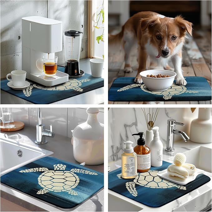 Sea Turtle Dish Drying Mat Summer Ocean Animal Dish Drainer Rack Mat 16 X 18 Inch Dark Blue Microfiber Absorbent Drying Mat for Kitchen Counter