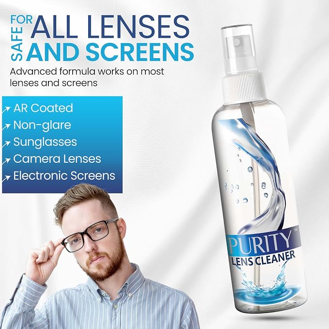 Purity Eyeglass Cleaner Mega Pack - Multi-Size Lens Cleaner Kit - 2x2oz, 3x8oz Bottles + 5 Black Premium Microfiber Cloths - Safe for All Lenses, Eyeglasses, and Screens - Streak-Free Formula