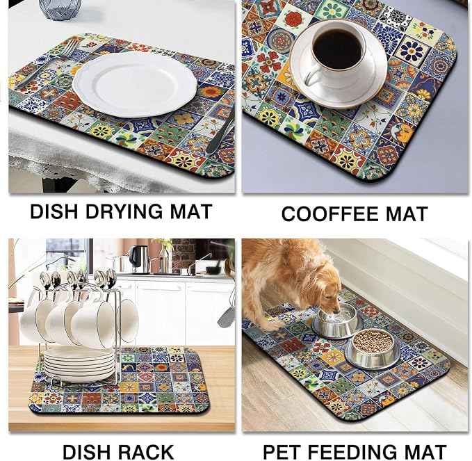 Dish Drying Mat 2-Pack with Talavera for Kitchen Counter Absorbent Dishes | Diatom Mud Mats (18x24, 19.5x12"). Non-slip rubber back for kitchen counter, coffee bar & sink scenes
