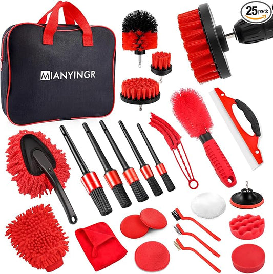 25Pcs Car Detailing Kit with Drill Brushes, Car Cleaning Kit for Interior Exterior, Wheel & Tire Brushes, Polishing Pads for Waxing, Auto Detailing Tools – Gift for Men Dad (25PCS)