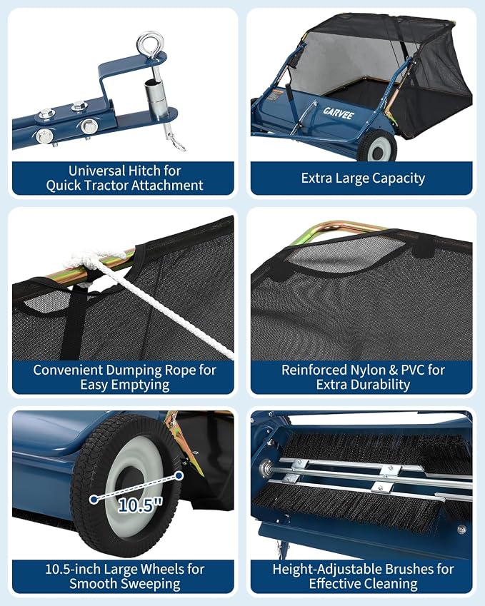 Garvee Tow Behind Lawn Sweeper 48 Inch, 16 cu.ft. Heavy Duty Leaf & Grass Collector with Tool-Free Adjustable Brush Height, Dumping Rope for Yard, Driveway & Sidewalk Debris Cleanup