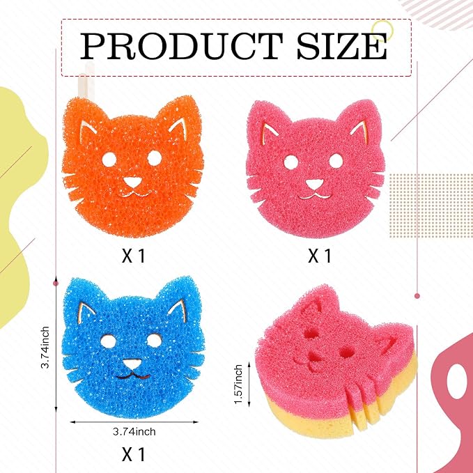 FillTouch 3 Pcs Dual Sided Scrub Sponge Multi Functional Cute Temperature Sensitive Non Scratch Dish Sponge for Washing Dishes Kitchen Bathroom (Cat,Pink, Orange, Royal Blue)