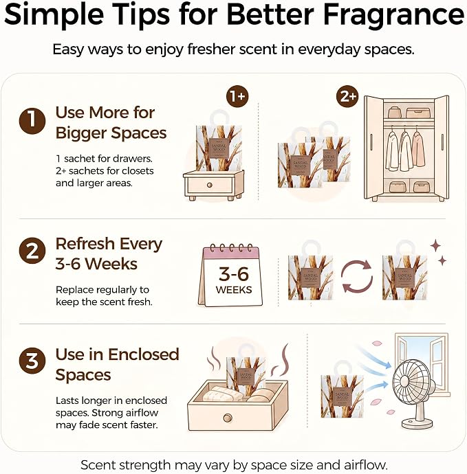12 Pack Sandalwood Scented Sachets, Air Freshener for Small Spaces | Hanging Sachet Bags with Retractable Hook; Closet Deodorizer & Odor Eliminator for Drawers, Shoe Cabinets, Cars & Luggage