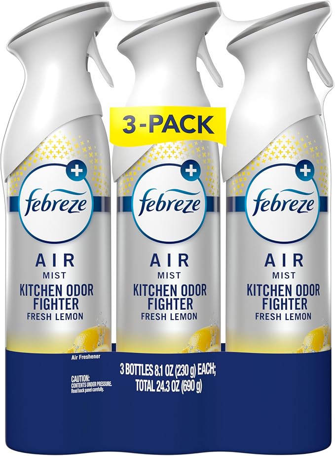 Febreze Air Mist, Air Freshener Spray, Odor Fighting Room Spray, Deodorizer for Home Bathroom Kitchen Office Apartment Dorm Room Classroom, Kitchen Odor Fighter Fresh Lemon Scent, 8.1oz, 3-pack