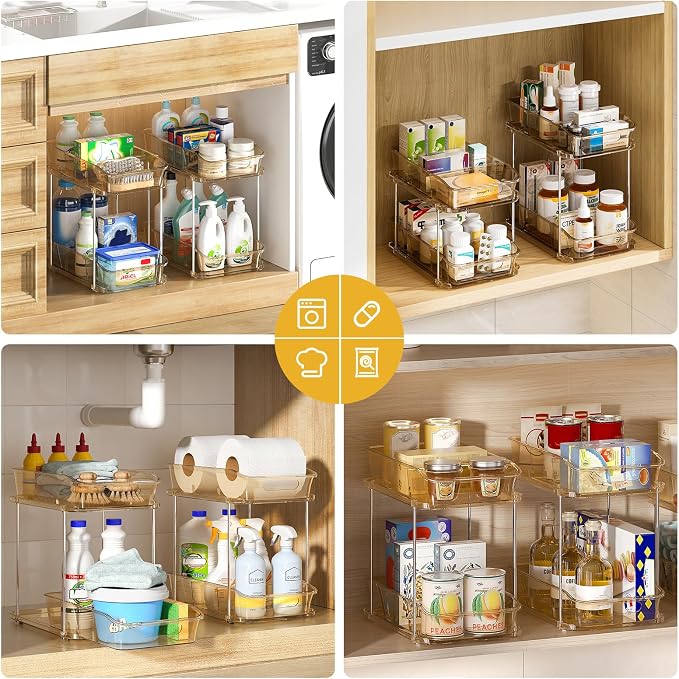 Delamu 2-Tier Under Sink Organizers and Storage, Multi-Purpose Stackable Bathroom Cabinet organizers, Pull Out Kitchen Pantry Organization and Storage with Dividers(2 Pack, Amber)