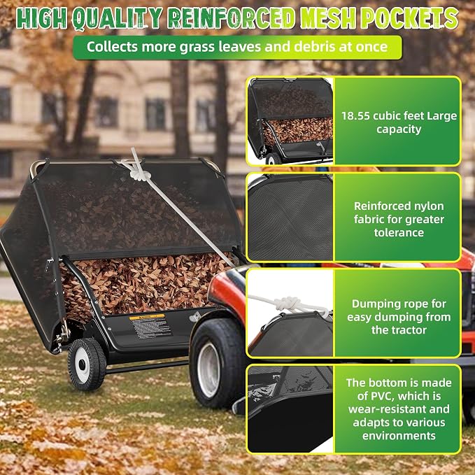 42" Lawn Sweeper Tow Behind, Pull Behind Lawn Sweeper with 18.55 cu. ft Large Hopper, Heavy Duty Leaf & Grass Collector, Adjustable Brush Height Lever and Dumping Rope, Lawn and Yard Cleanup Tool