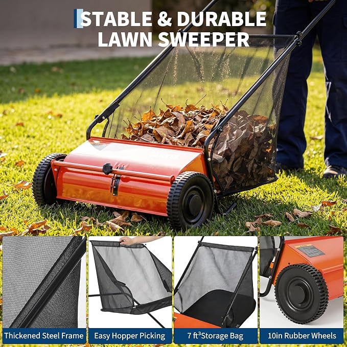 Push Lawn Sweeper 26Inch-Heavy Duty Walk Behind Leaf Collector and Yard Sweeper for Outdoor,Patio,Driveway,Garden Grass Sweepers,4 High Speed Spinning Brush,7 Cu. ft. Hopper Capacity | Yard Sweeper for Outdoor,Patio,Driveway,Garden Grass Sweepers,4 Hig...