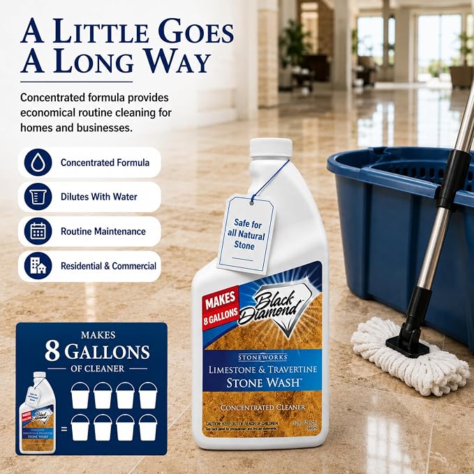 Black Diamond Stoneworks Limestone & Travertine Stone Wash Concentrate – pH Neutral Cleaner for All Sealed & Unsealed Natural Stone Floors Including Marble, Slate, Granite & More. (1 Quart)