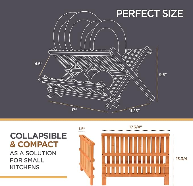 Collapsible Dish Drying Rack 2-Tier Bamboo Dish Drainer for Kitchen Counter | Foldable Wooden Dish Rack, Small Kitchen Drying Rack, Dish Strainer, Holds Plates Cups Bowls Utensils, No Assembly