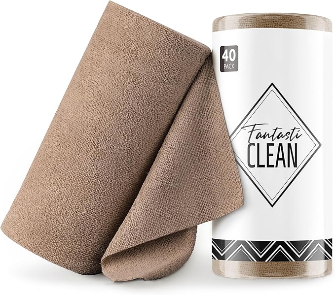 Fantasticlean Microfiber Cleaning Cloth Roll- 40 Sheets, 12" x 12" (Tan) | Super Absorbent, Lint-free, Tear-away Microfiber Towel Roll, for All-Purpose Cleaning
