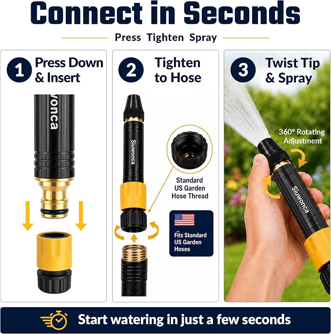 2026 Upgrade High Pressure Hose Nozzle Sprayer for US Garden Hoses | 3-Mode Adjustable, Brass Body, Non-Slip Grip, 3/4" GHT Adapter for Watering Plants and Lawn, Car Washing, Patio and Pet