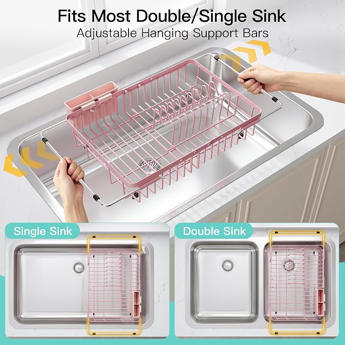 JASIWAY Expandable Stainless Steel Pink Dish Drying Rack Over The Sink for Small Kitchen, Counter Space Saving Compact Plate Drainer Strainer, Adjustable Hanging Metal Dish Dryer with Utensil Holder