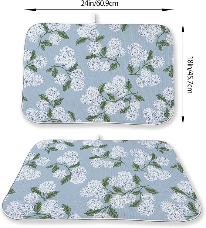 Light Blue Dish Drying Mat 18x24 Inch Vintage Blue Green Floral Hydrangea Flower Drying Mat Spring Summer Absorbent Dish Drying Pad Dish Rack Drainer Mats for Kitchen Dining Counter