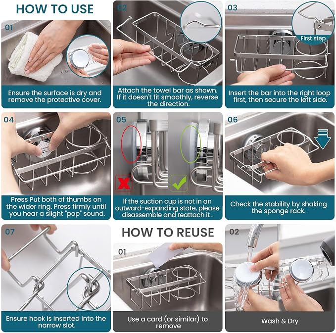 TAILI 4-in-1 Sink Caddy with Strong Suction Cup, Sponge Holder for Kitchen Sink Organizer, Removable, Rustproof, Stainless Steel Holder for Sponge, Brush, Scrubber, Scraper - Silver