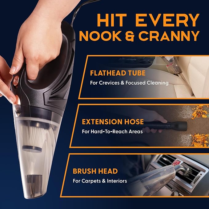 THISWORX Car Vacuum Cleaner - Portable, High Power, Handheld Vacuums w/ 3 Attachments, 16 Ft Cord & Bag - 12v, Auto Accessories Kit for Interior Detailing - Black | 12V High Power, Lightweight Design for Car Interior, RV, Boats & Travel. Includes 3 Att...