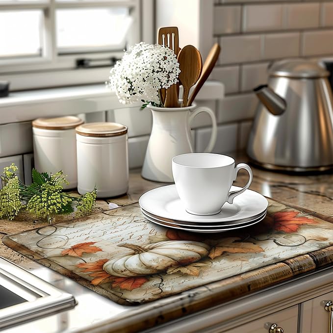 Fall Pumpkin Dish Drying Mats for Kitchen Counter 18x24 Inch Vintage Maple Leaves Dishes Drying Mat Seasonal Autumn Dish Drainer Mats Microfiber Absorbent Dish Drying Pads with Hanging Loop