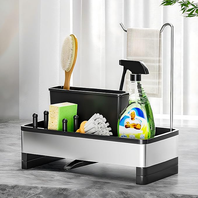 Ewaiira Sponge Holder for Kitchen Sink, Stainless Steel Sink Caddy with Brush Holder & Dishcloth Rack, Countertop Sink Organizer, Soap Dispenser Kitchen Organizers Storage Essentials (D-Black 9.8″)