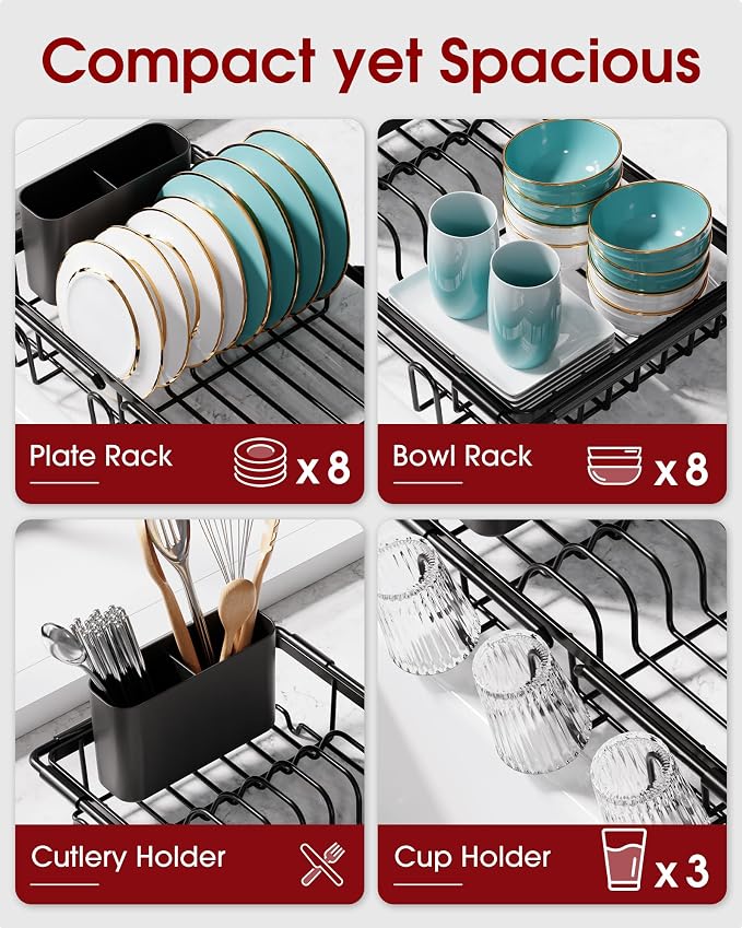 Sakugi Dish Drying Rack in Sink - Expandable Stainless Steel Dish Rack Over the Sink, Kitchen Sink Drain Strainer with Cutlery Holder & Cup Holders, 15.4 x 9.8 x 3.0 Inch, Black
