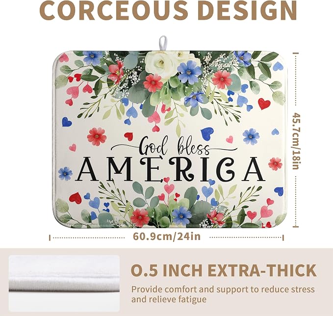 4th of July Patriotic Floral Dish Drying Mat Summer Memorial Day Large Kitchen Mats Dish Drying Pad Absorbent Dish Dryer Mat for Kitchen Countertops Microfiber Drainer Pad Dish Drying Mats (18x24 in)