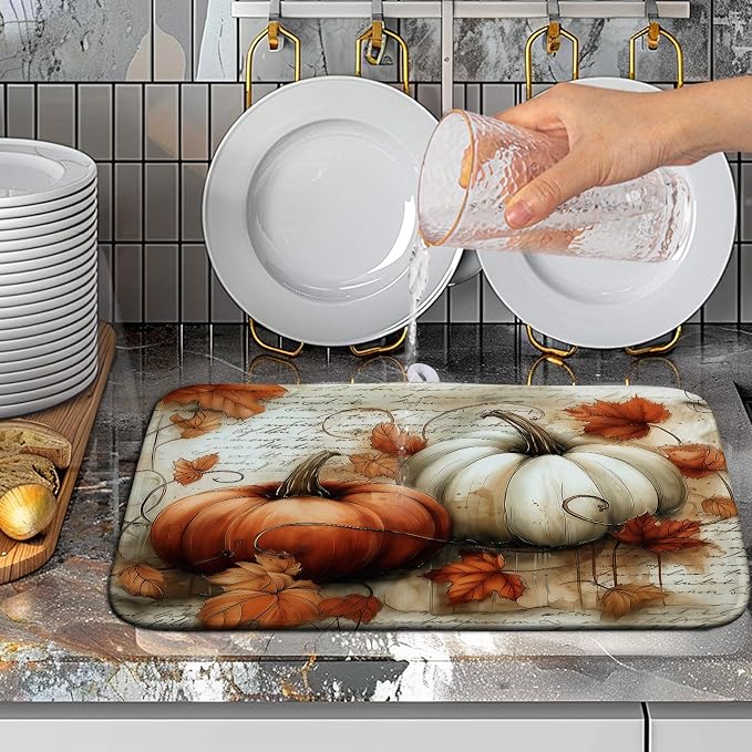 Fall Dish Drying Mat for Kitchen Counter Autumn Thanksgiving Orange White Pumpkin Drying Mats 16x18 Inch Vintage Maple Leaf Holiday Draining Pad Microfiber Absorbent Dish Drainer Rack Mat
