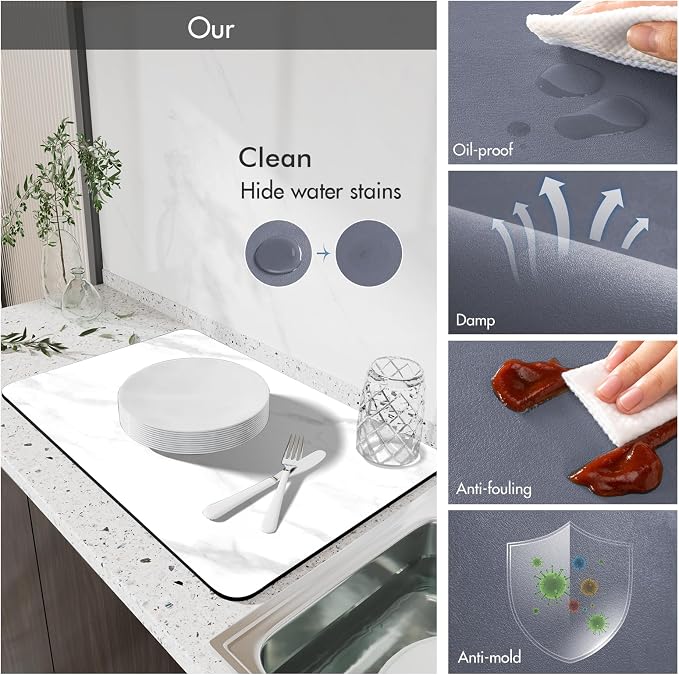 Drying Mat for Kitchen Countertops, Coffee Mat Hide Stain Rubber Backed Absorbent Dish Drying Mat