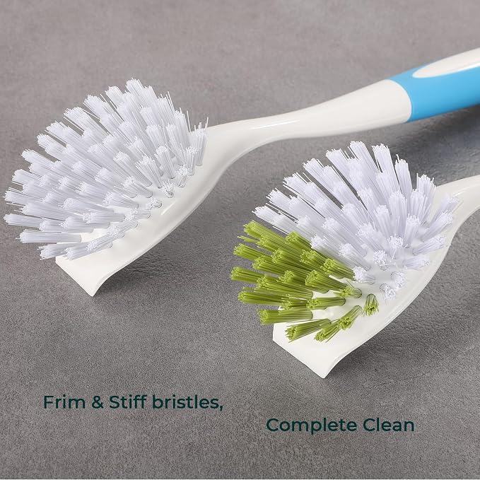 Dish Brush with Handle, Firm & Stiff Bristles Dish Scrubber for Pots, Pans & Sink Cleaning, 2 Pack