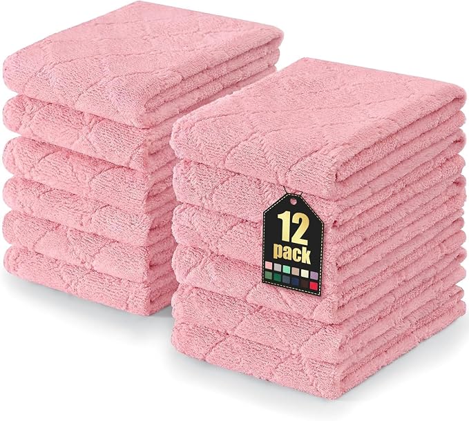 Homaxy 12 Pack Dish Towels for Kitchen (10 x 20 Inches, Pink), Super Soft and Absorbent Coral Velvet Dish Cloths for Washing Dishes, Nonstick Oil Fast Drying Microfiber Cleaning Cloth