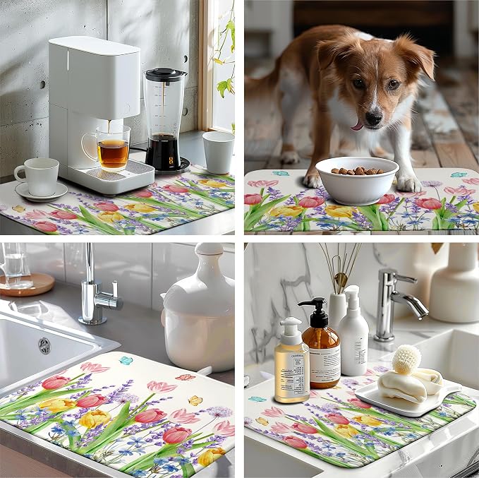 Spring Floral Dish Drying Mat for Kitchen Counter Tulip Lavender Flower Dishes Pad Absorbent Microfiber Dish Draining Mat Washable Dish Drainer Rack Mats Extra Large 18"x24"
