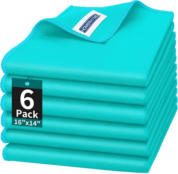 Microfiber Cleaning Cloth - 6 Pack Glasses Cleaning Cloth, 16" x 14" Window Cleaning Rags, Streak Free Lint Free Polishing Cloths Wipes for Eye Glass, Stainless Steel, Windshield, Turquoise