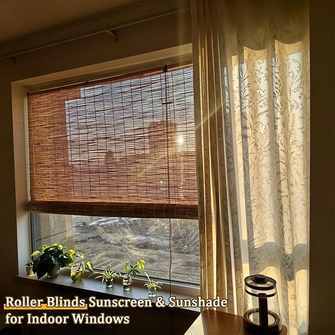 Outdoor Retro Bamboo Shades for Home Garden Bamboo Porch Light Filtering Roller Blinds Cordless Waterproof Sun Shade Roll Up Curtain with Lifter Blackout Privacy Screen