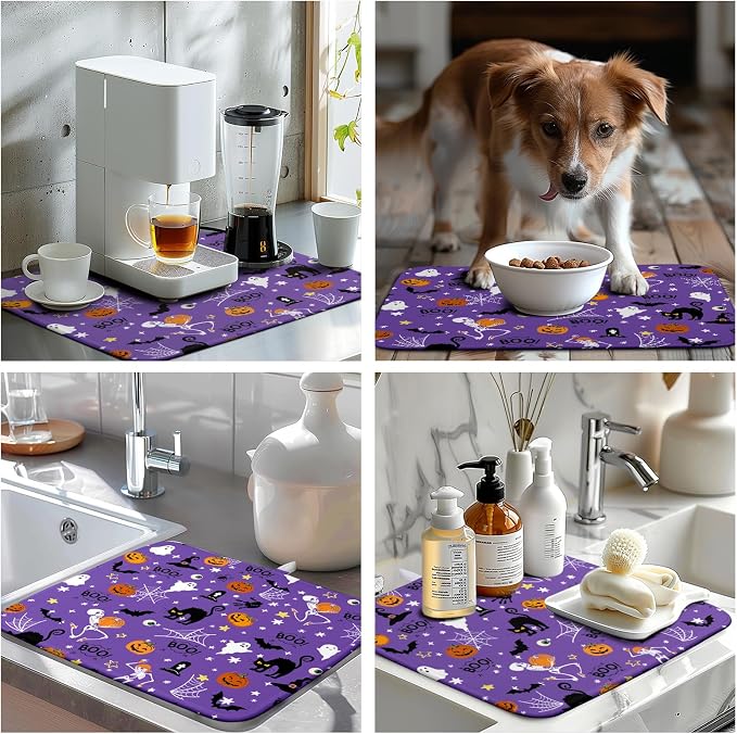 Halloween Dish Drying Mat for Kitchen Counter Cute Cat Boo Bats Skull Drying Mats Purple Fall Holiday Dishes Drying Pad Microfiber Absorbent Reversible Dish Drainer Rack Mat 16"x18"
