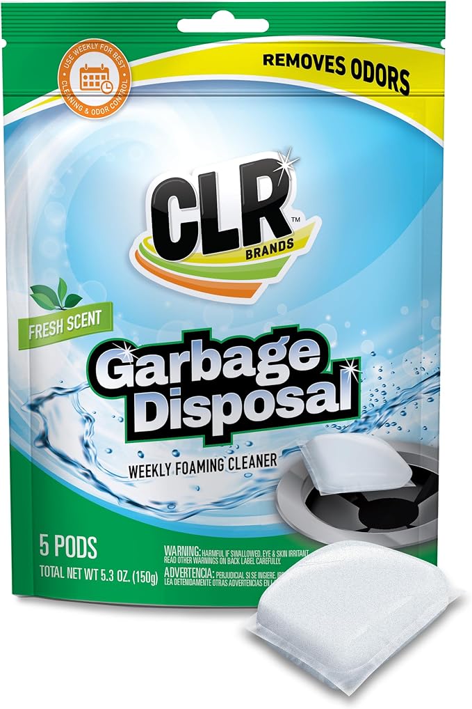 CLR Garbage Disposal Cleaner and Deodorizer Pods, 5 Count, Fresh Scent Weekly Foaming Drain Odor Eliminator - 1 Month Supply