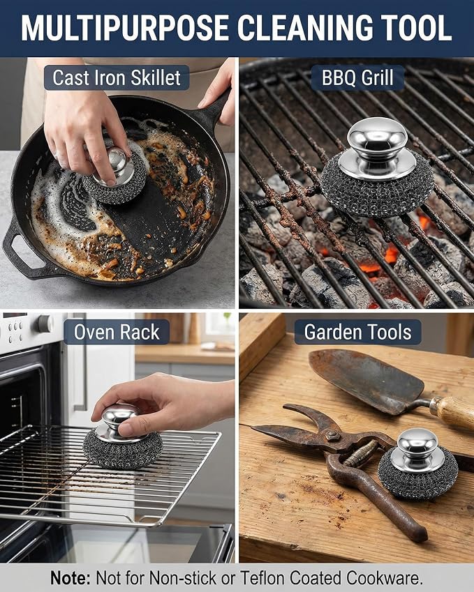 8 Pcs Steel Wool Scrubbers with 2 Pcs Handle,Stainless Steel Scouring Pads for Cast Iron Skillets, Grill & Kitchen Pots - Rust Resistant, Non-Splintering Heavy Duty for Tough Grease