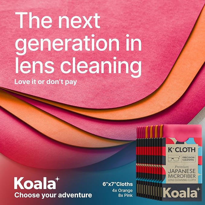 Koala Lens Cleaning Cloth | Japanese Microfiber | Pink Orange (Pack of 12) | Glasses Cleaning Cloths | Eyeglass Lens Cleaner | Eyeglasses, Camera, VR/AR Headset, and Screen Cleaner | Washable & Reusable