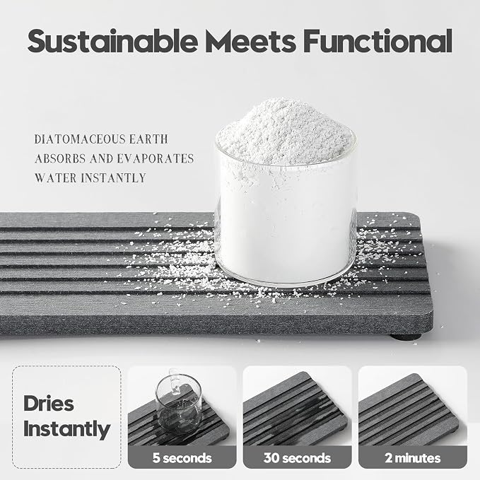 Razborci 2PCS Diatomite Quick Stone Drying Tray Mat For Bathroom & Kitchen Counter, Instant Dry Water Absorbent Drink Bar Coaster,Vanity Sink Caddy Organizer,Dish Soap Sponge Holders, Charcoal,8"x3.8"