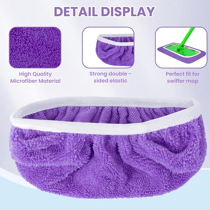 6 Pack Reusable Microfiber Mop Pads - Compatible with Sweeper, Reusable Mop Pads, Washable Dry Cloths & Wet Pads Refill for Hardwood Laminate Tile Floor Cleaning (6, Purple, M)