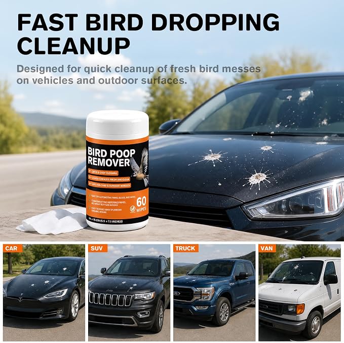 Bird Poop Remover Wipes, 2 Pack, 120 Wipes Total | Car Cleaning Wipes for Bird Droppings, Bird Poop Cleaner Safe for Automotive Paint, Glass, Trucks, RVs & Outdoor Vehicles