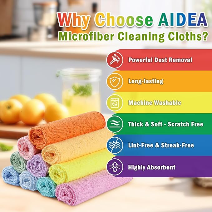 AIDEA Microfiber Cleaning Cloth-20PK, Microfiber Towels, Rags,11.5"×11.5" | Cleaning Rags, Lint Free Cloth, Wash Cloths, Dusting Cloth for Home, Window, Cars, Cleaning Supplies, Muilticolor