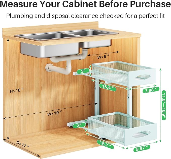 2 Pack Under Sink Organizer, 2 Tier Pull out Cabinet Organizer Mesh Baskets with 5 Adjustable Heights, Sliding Drawers Storage Shelf for Home, Kitchen, Bathroom, Pantry, Office, Countertop ,Blue