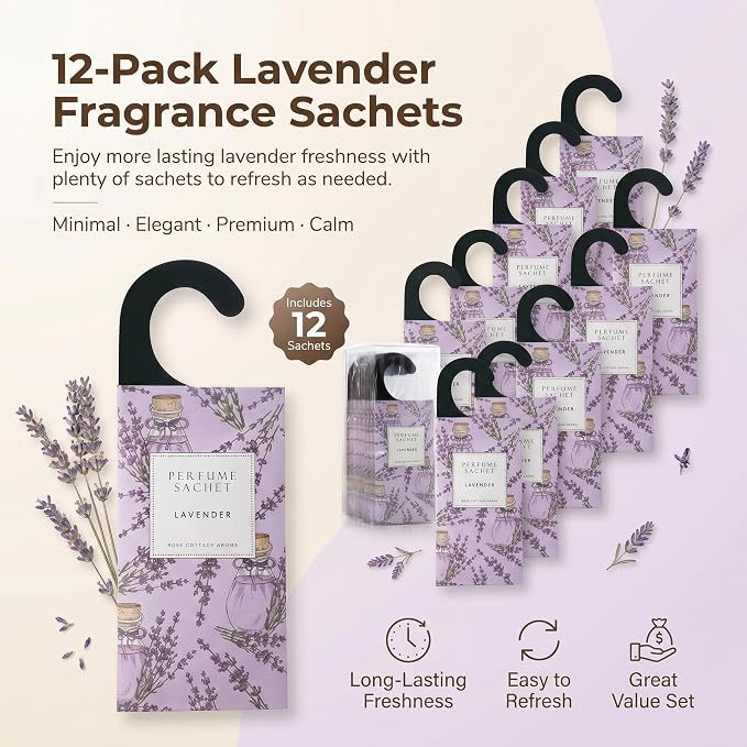 Large 12 Packs Lavender Hanging Scented Sachets Long-Lasting Closet Deodorizer Air Freshener Fabric Refresher Odor Eliminator for Drawer Home Fragrance Gift Set